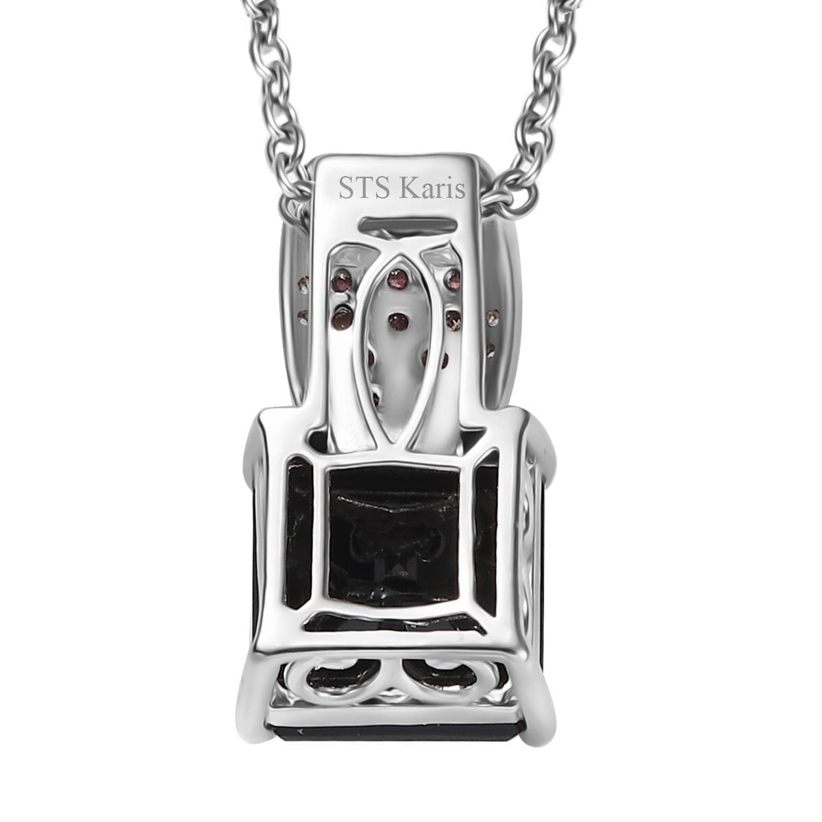 Thai Black Spinel and Multi Gemstone 6.60 ctw Midnight Bloom Pendant Necklace 20 Inches in Stainless Steel image number 4