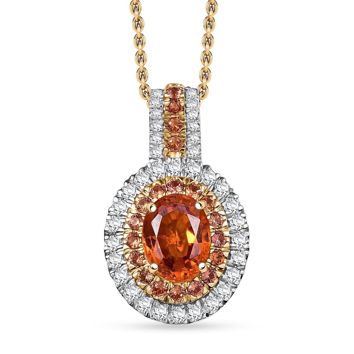Luxoro Premium Tanzanian Mandarin Garnet, Padpardscha Sapphire and I2 Diamond 2.45 ctw Golden Flare Pendant Necklace 20 Inches in 10K Yellow Gold  image number 0