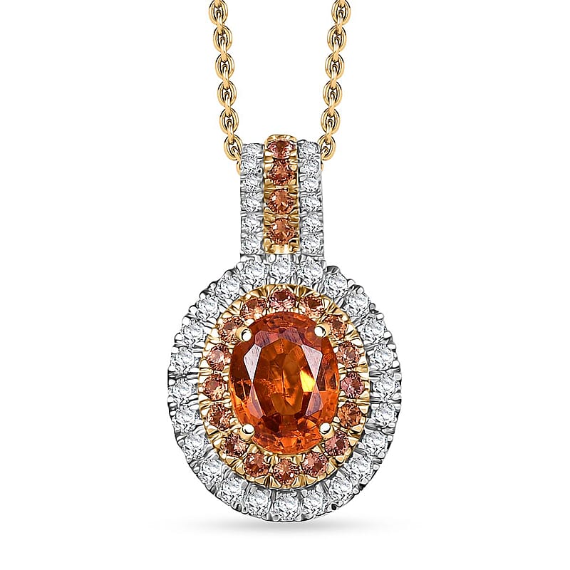Luxoro Premium Tanzanian Mandarin Garnet, Padpardscha Sapphire and I2 Diamond 2.45 ctw Golden Flare Pendant Necklace 20 Inches in 10K Yellow Gold