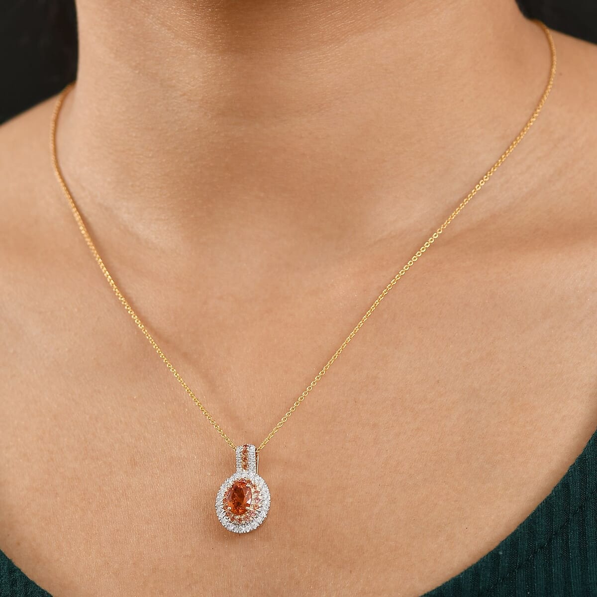 Luxoro Premium Tanzanian Mandarin Garnet, Padpardscha Sapphire and I2 Diamond 2.45 ctw Golden Flare Pendant Necklace 20 Inches in 10K Yellow Gold  image number 2