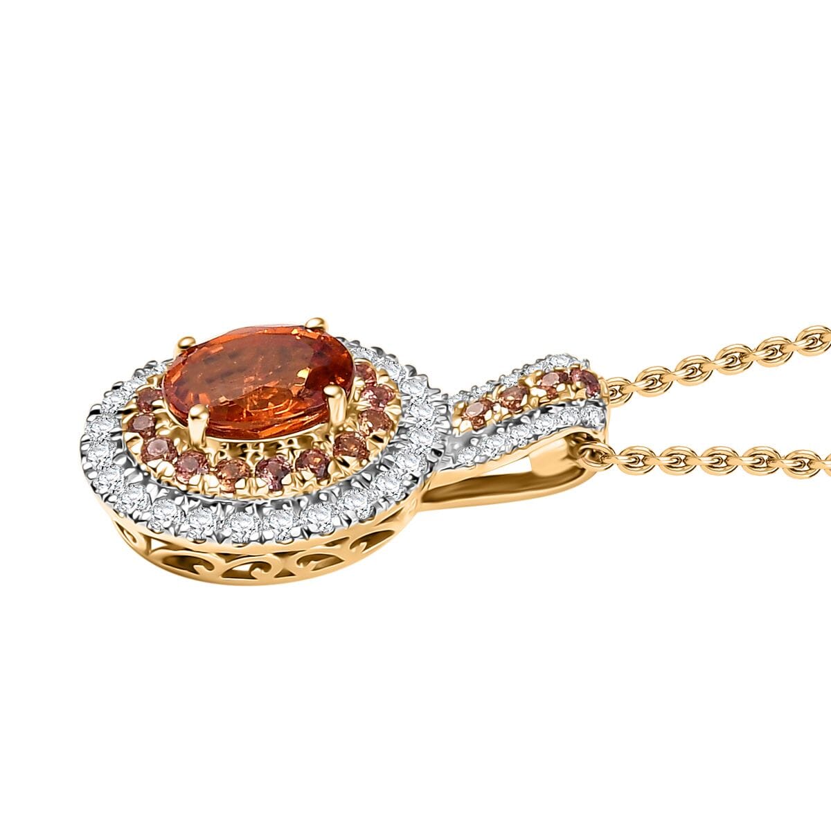 Luxoro Premium Tanzanian Mandarin Garnet, Padpardscha Sapphire and I2 Diamond 2.45 ctw Golden Flare Pendant Necklace 20 Inches in 10K Yellow Gold  image number 3
