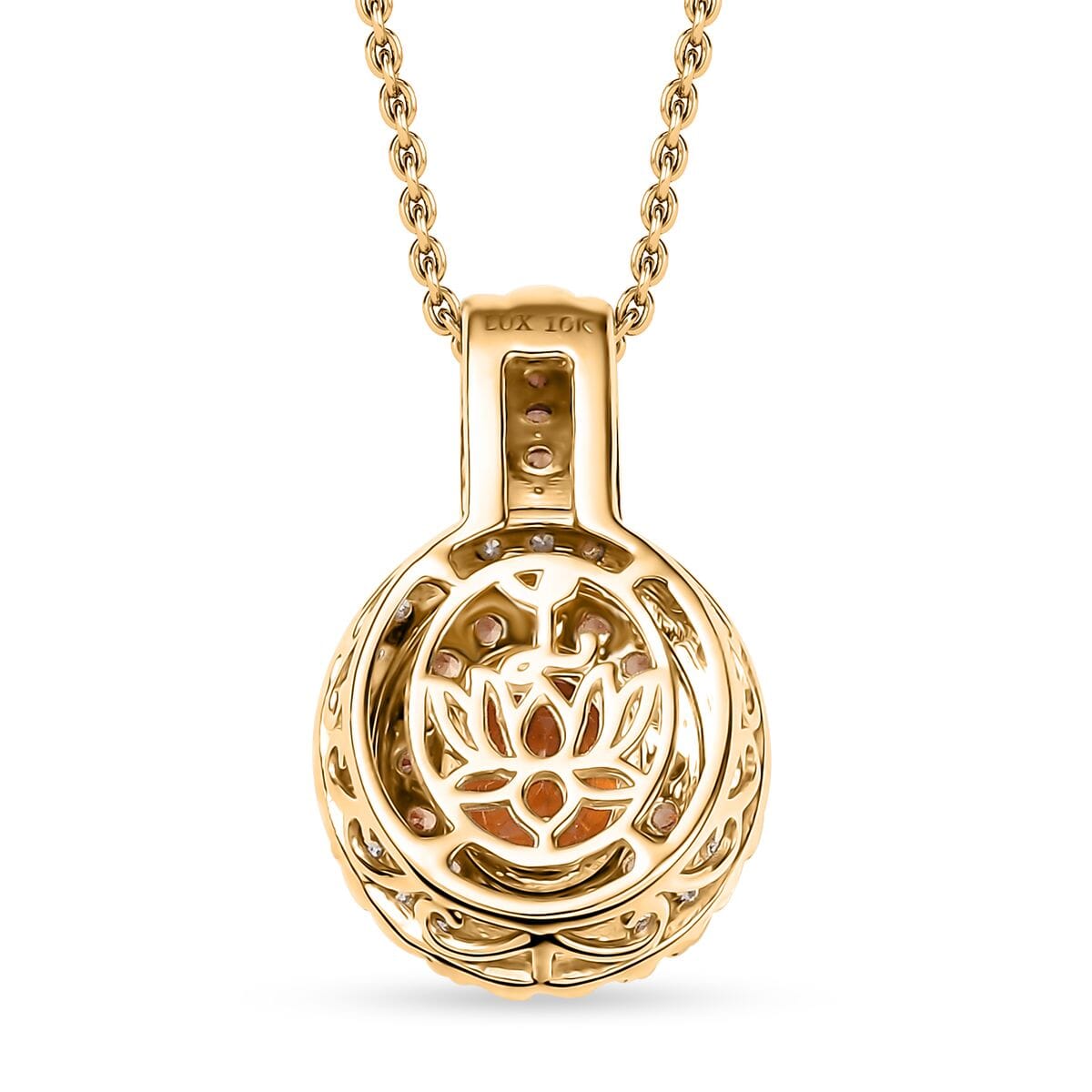 Luxoro Premium Tanzanian Mandarin Garnet, Padpardscha Sapphire and I2 Diamond 2.45 ctw Golden Flare Pendant Necklace 20 Inches in 10K Yellow Gold  image number 4