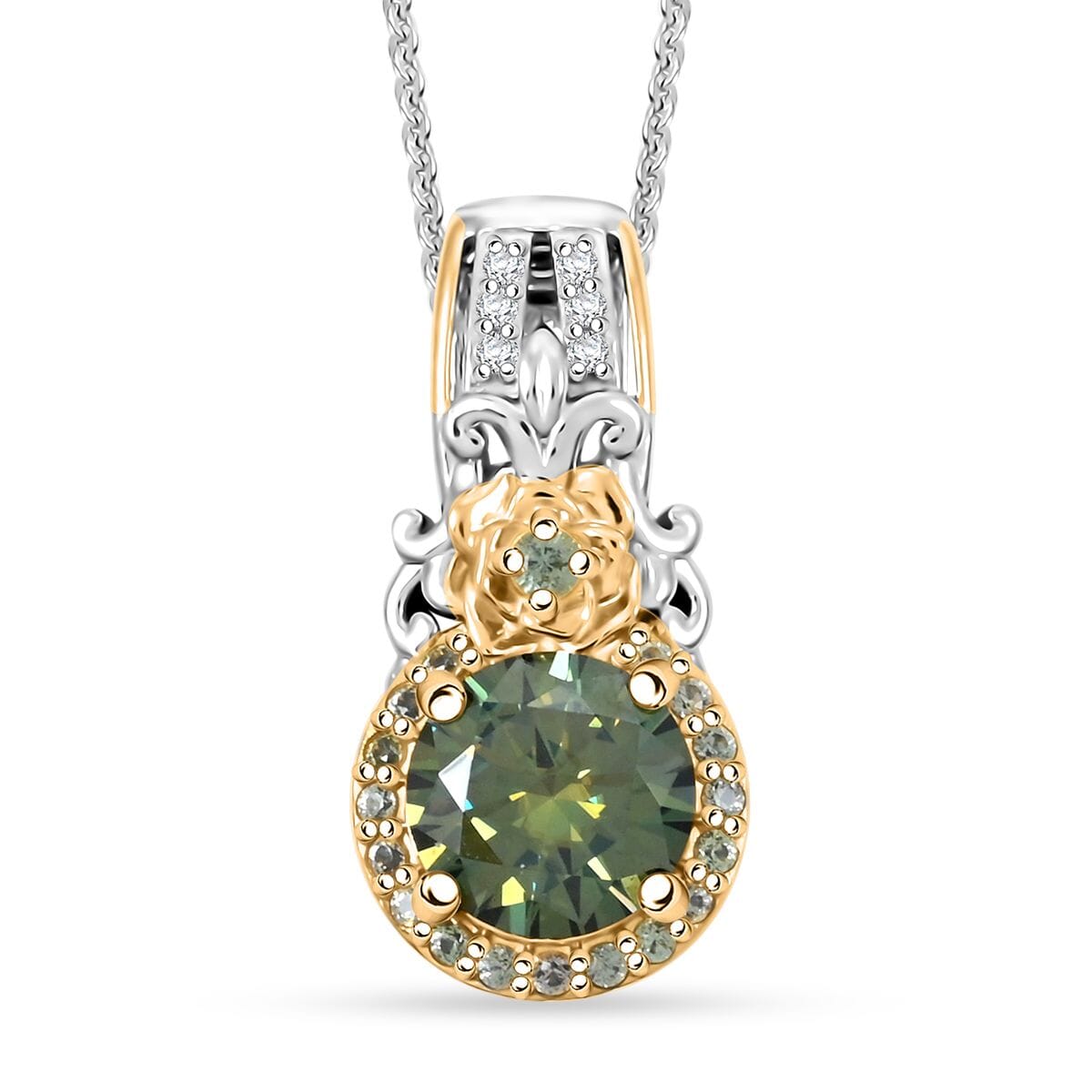 Green and White Moissanite and Green Sapphire 2.15 ctw Pendant Necklace in Rhodium Over Sterling Silver 20 Inches image number 0