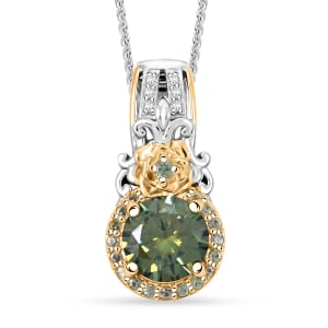 D'Joy Green and White Moissanite and Green Sapphire 2.15 ctw Blooming Rose Pendant Necklace in Rhodium Over Sterling Silver 20 Inches