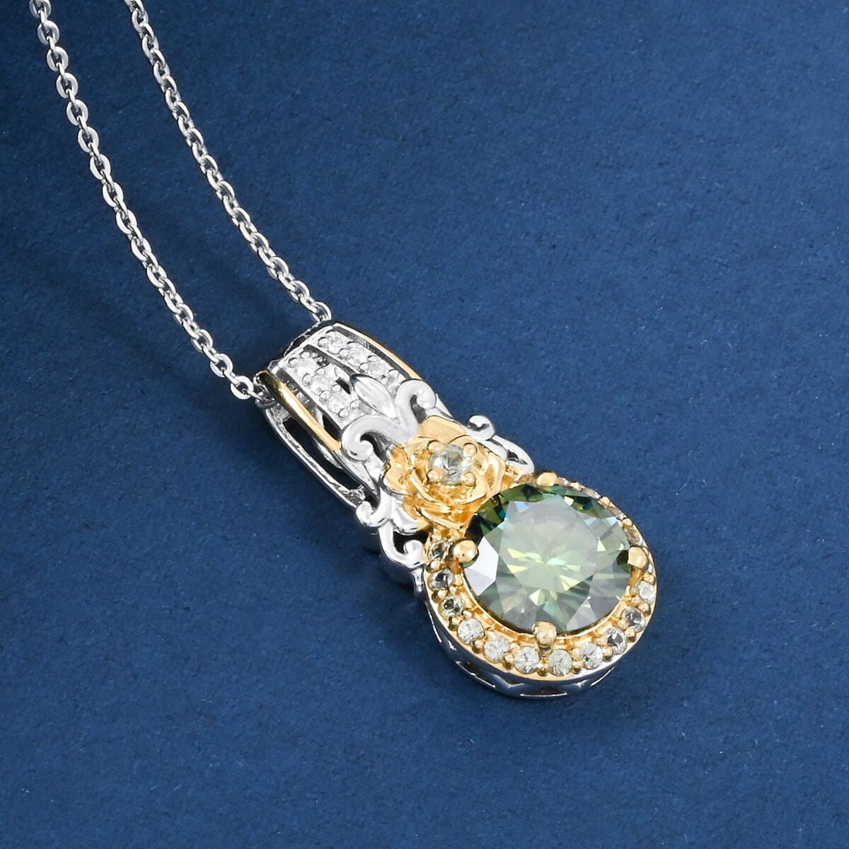 Green and White Moissanite and Green Sapphire 2.15 ctw Pendant Necklace in Rhodium Over Sterling Silver 20 Inches image number 1