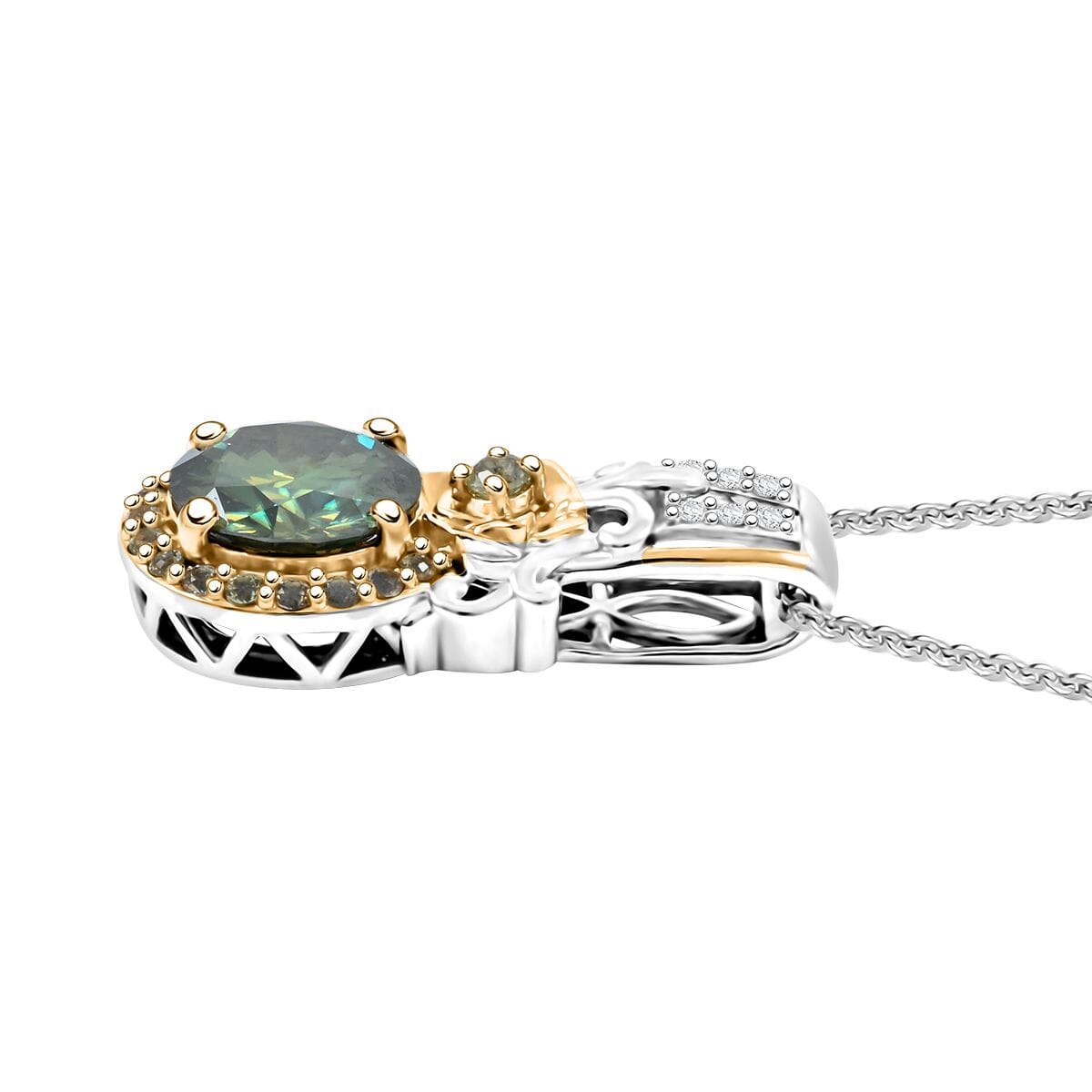 Green and White Moissanite and Green Sapphire 2.15 ctw Pendant Necklace in Rhodium Over Sterling Silver 20 Inches image number 3