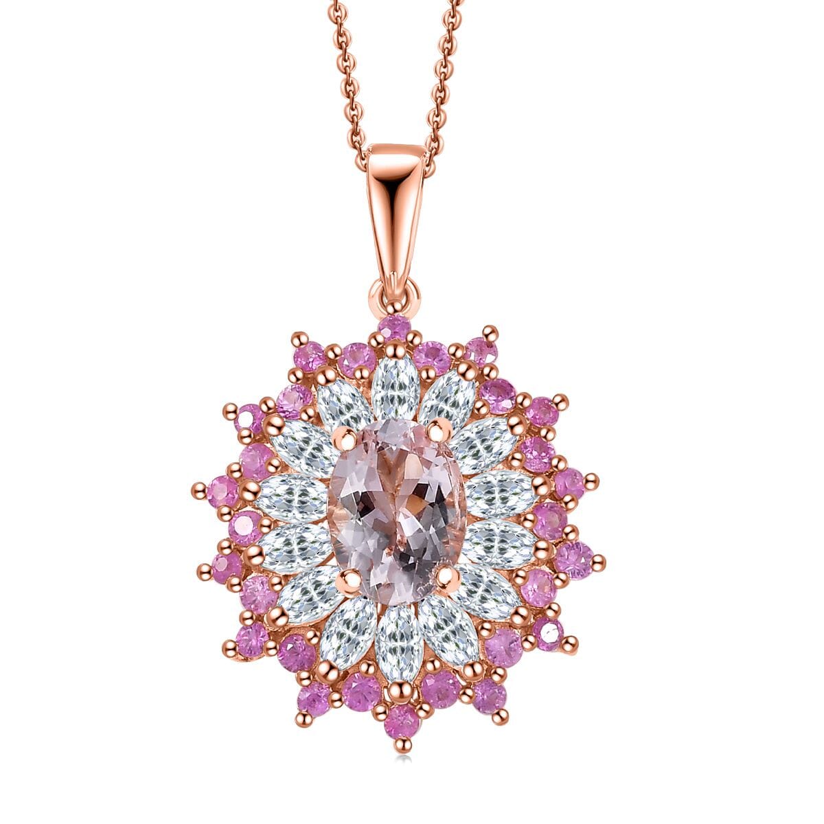 D'Joy Premium Pink Morganite and Multi Gemstone 2.25 ctw Rose Sunburst Pendant Necklace in 18K Vermeil Rose Gold Over Sterling Silver 20 Inches image number 0