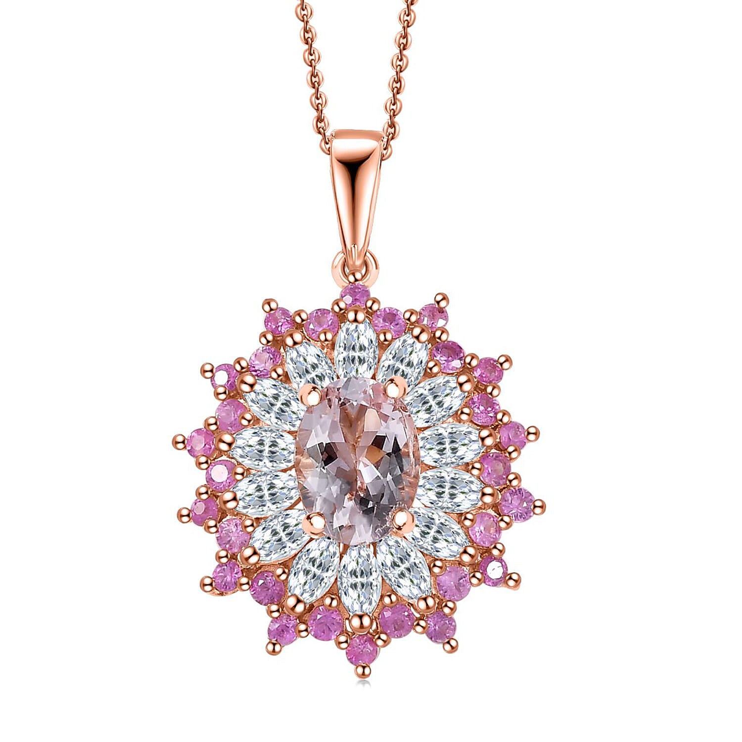 D'Joy Premium Pink Morganite and Multi Gemstone 2.25 ctw Rose Sunburst Pendant Necklace in 18K Vermeil Rose Gold Over Sterling S