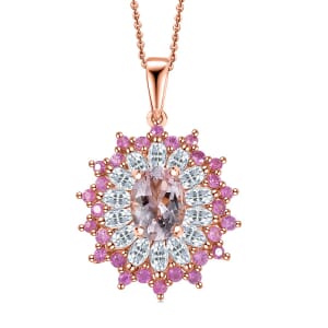 D'Joy Premium Pink Morganite and Multi Gemstone 2.25 ctw Rose Sunburst Pendant Necklace in 18K Vermeil Rose Gold Over Sterling Silver 20 Inches