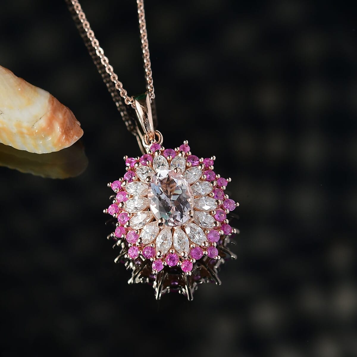 D'Joy Premium Pink Morganite and Multi Gemstone 2.25 ctw Rose Sunburst Pendant Necklace in 18K Vermeil Rose Gold Over Sterling Silver 20 Inches image number 1