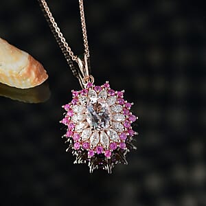 D'Joy Premium Pink Morganite and Multi Gemstone 2.25 ctw Rose Sunburst Pendant Necklace in 18K Vermeil Rose Gold Over Sterling Silver 20 Inches