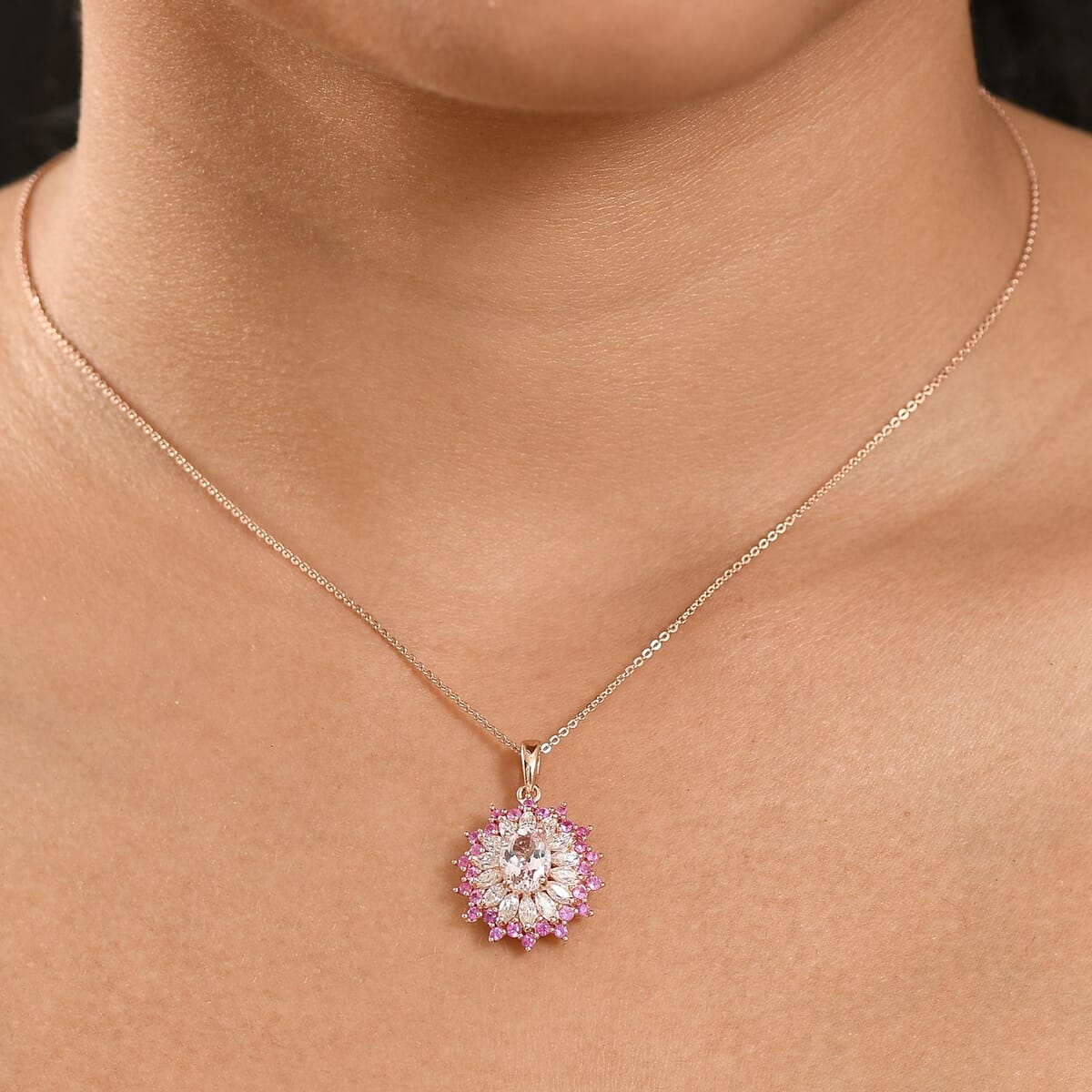 D'Joy Premium Pink Morganite and Multi Gemstone 2.25 ctw Rose Sunburst Pendant Necklace in 18K Vermeil Rose Gold Over Sterling Silver 20 Inches image number 2