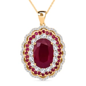 Premium Niassa Ruby (FF) and White Zircon 13.75 ctw Floral Halo Pendant Necklace in 18K Vermeil Yelow Gold Over Sterling Silver 20 Inches