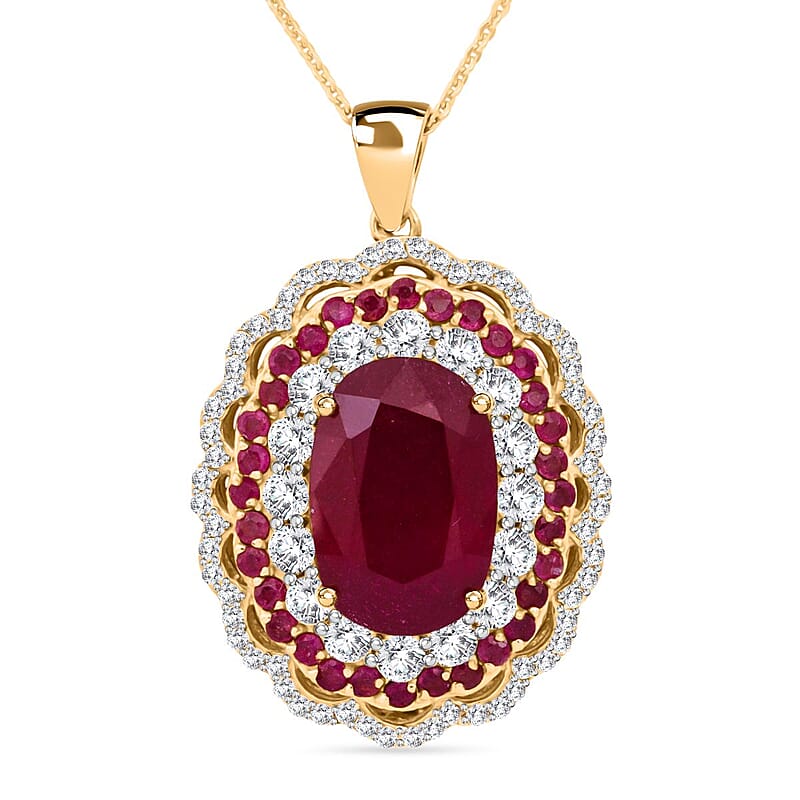 Premium Niassa Ruby (FF) and White Zircon 13.75 ctw Floral Halo Pendant Necklace in 18K Vermeil Yelow Gold Over Sterling Silver 20 Inches