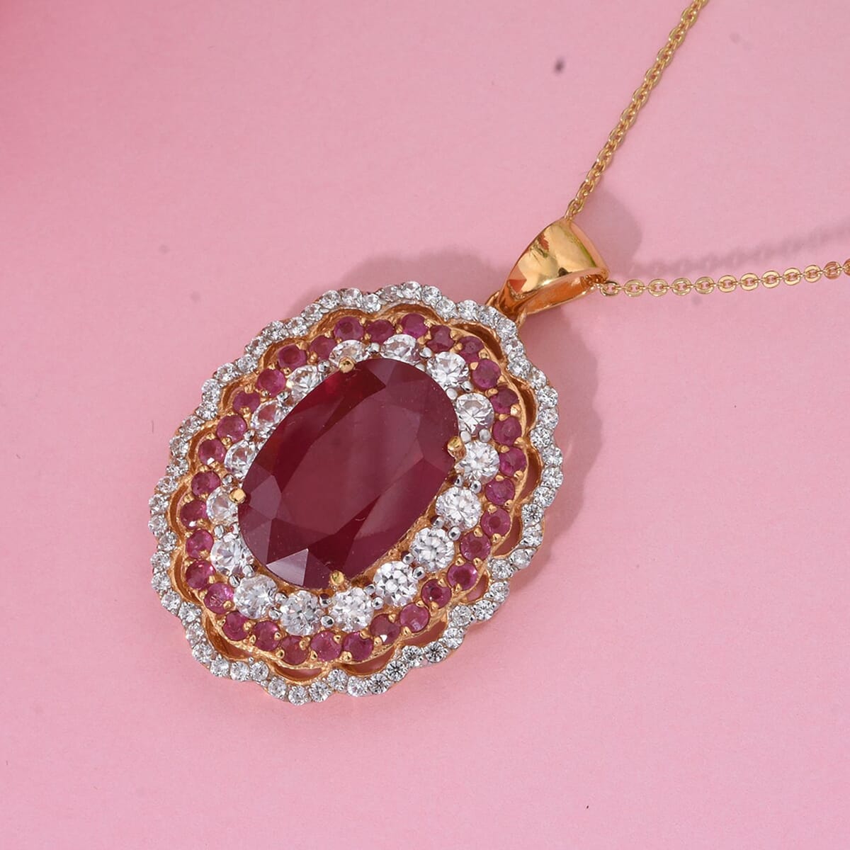 Premium Niassa Ruby (FF) and White Zircon 13.75 ctw Floral Halo Pendant Necklace in 18K Vermeil Yelow Gold Over Sterling Silver 20 Inches image number 1