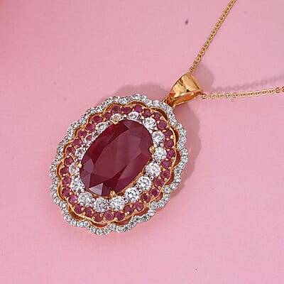 Premium Niassa Ruby (FF) and White Zircon 13.75 ctw Floral Halo Pendant Necklace in 18K Vermeil Yelow Gold Over Sterling Silver 20 Inches