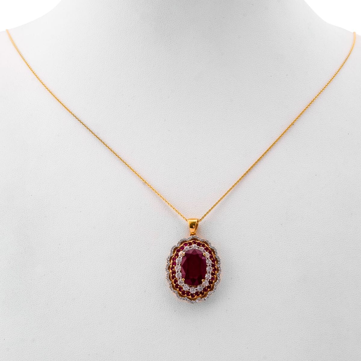 Premium Niassa Ruby (FF) and White Zircon 13.75 ctw Floral Halo Pendant Necklace in 18K Vermeil Yelow Gold Over Sterling Silver 20 Inches image number 2