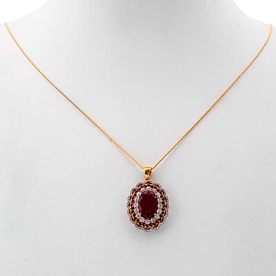Premium Niassa Ruby (FF) and White Zircon 13.75 ctw Floral Halo Pendant Necklace in 18K Vermeil Yelow Gold Over Sterling Silver 20 Inches