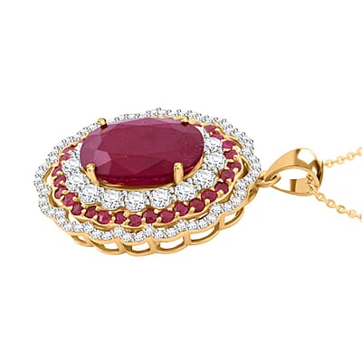 Premium Niassa Ruby (FF) and White Zircon 13.75 ctw Floral Halo Pendant Necklace in 18K Vermeil Yelow Gold Over Sterling Silver 20 Inches