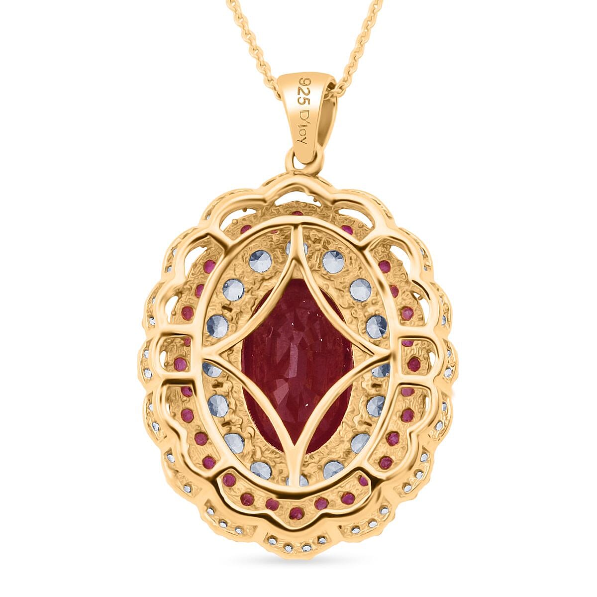 Premium Niassa Ruby (FF) and White Zircon 13.75 ctw Floral Halo Pendant Necklace in 18K Vermeil Yelow Gold Over Sterling Silver 20 Inches