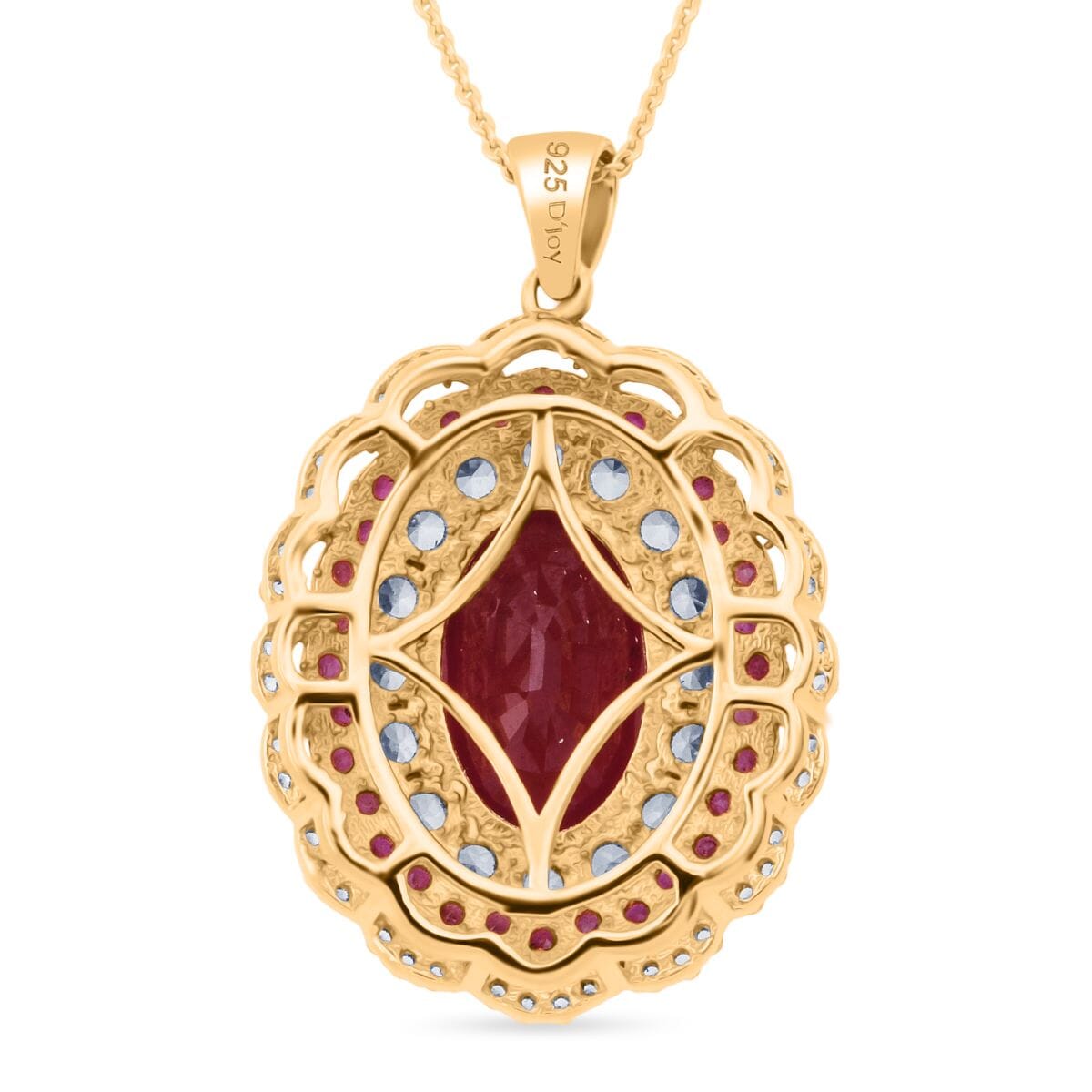 Premium Niassa Ruby (FF) and White Zircon 13.75 ctw Floral Halo Pendant Necklace in 18K Vermeil Yelow Gold Over Sterling Silver 20 Inches image number 4