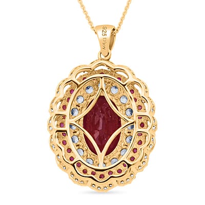 Premium Niassa Ruby (FF) and White Zircon 13.75 ctw Floral Halo Pendant Necklace in 18K Vermeil Yelow Gold Over Sterling Silver 20 Inches