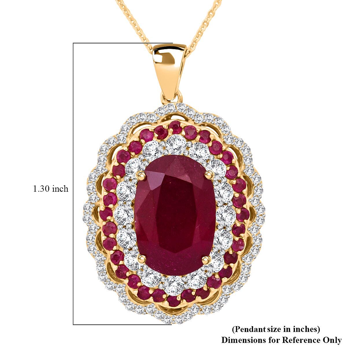 Premium Niassa Ruby (FF) and White Zircon 13.75 ctw Floral Halo Pendant Necklace in 18K Vermeil Yelow Gold Over Sterling Silver 20 Inches