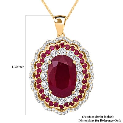 Premium Niassa Ruby (FF) and White Zircon 13.75 ctw Floral Halo Pendant Necklace in 18K Vermeil Yelow Gold Over Sterling Silver 20 Inches