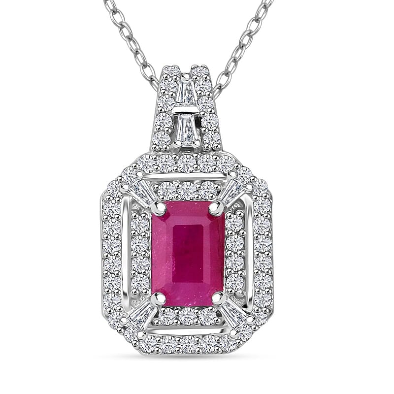 D'Joy AAA Royal Ruby and Moissanite 1.75 ctw Imperial Radiance Pendant Necklace in Rhodium Over Sterling Silver 20 Inches