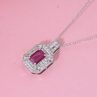 D'Joy AAA Royal Ruby and Moissanite 1.75 ctw Imperial Radiance Pendant Necklace in Rhodium Over Sterling Silver 20 Inches