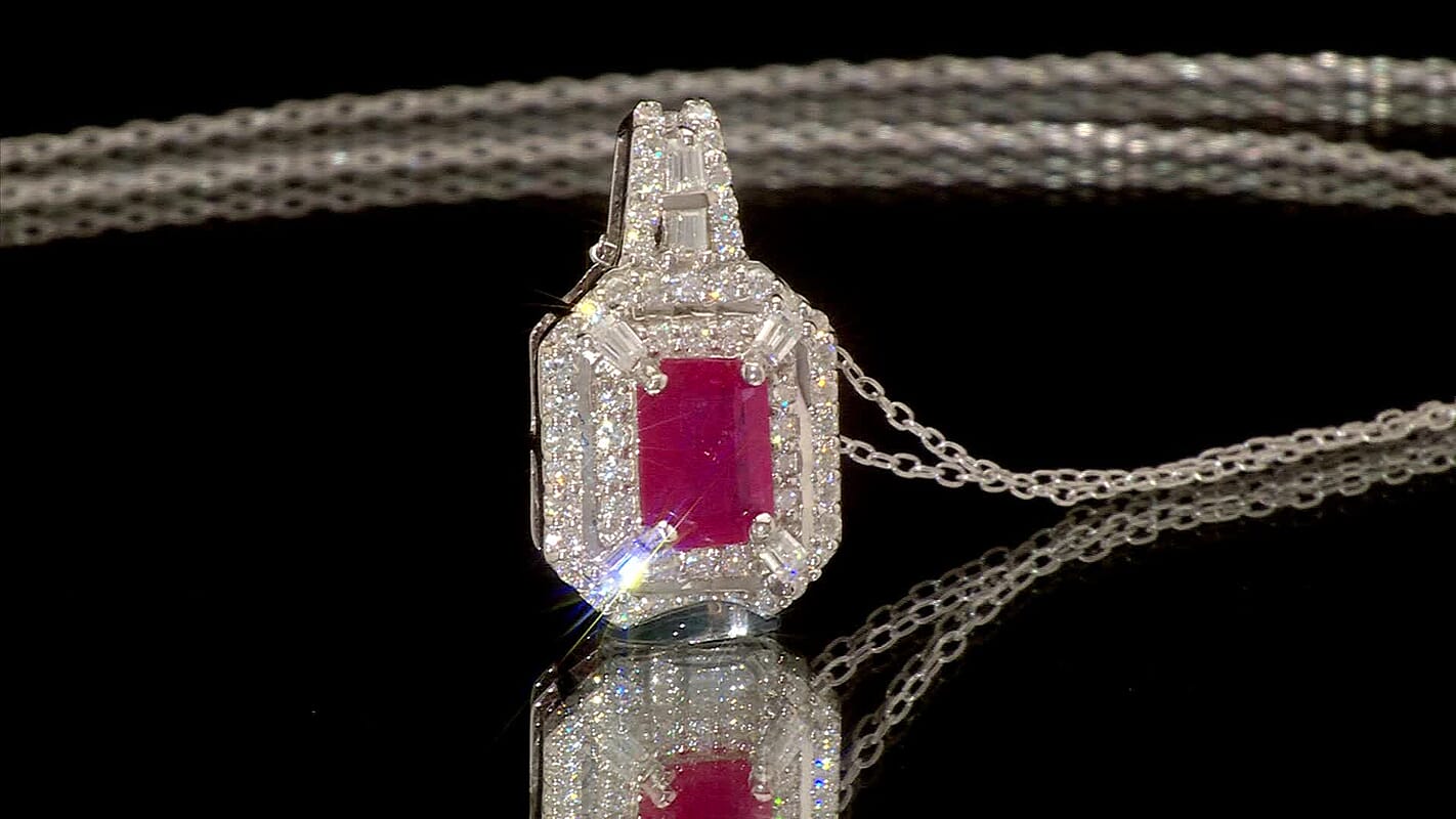 D'Joy AAA Royal Ruby and Moissanite 1.75 ctw Imperial Radiance Pendant Necklace in Rhodium Over Sterling Silver 20 Inches