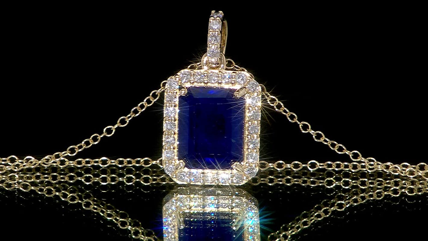 Premium Tanzanian Blue Spinel (DF) and Luxuriant Lab Grown Diamond G-H SI 4.30 ctw Majestic Halo Pendant Necklace in 10K Yellow Gold 18 Inches