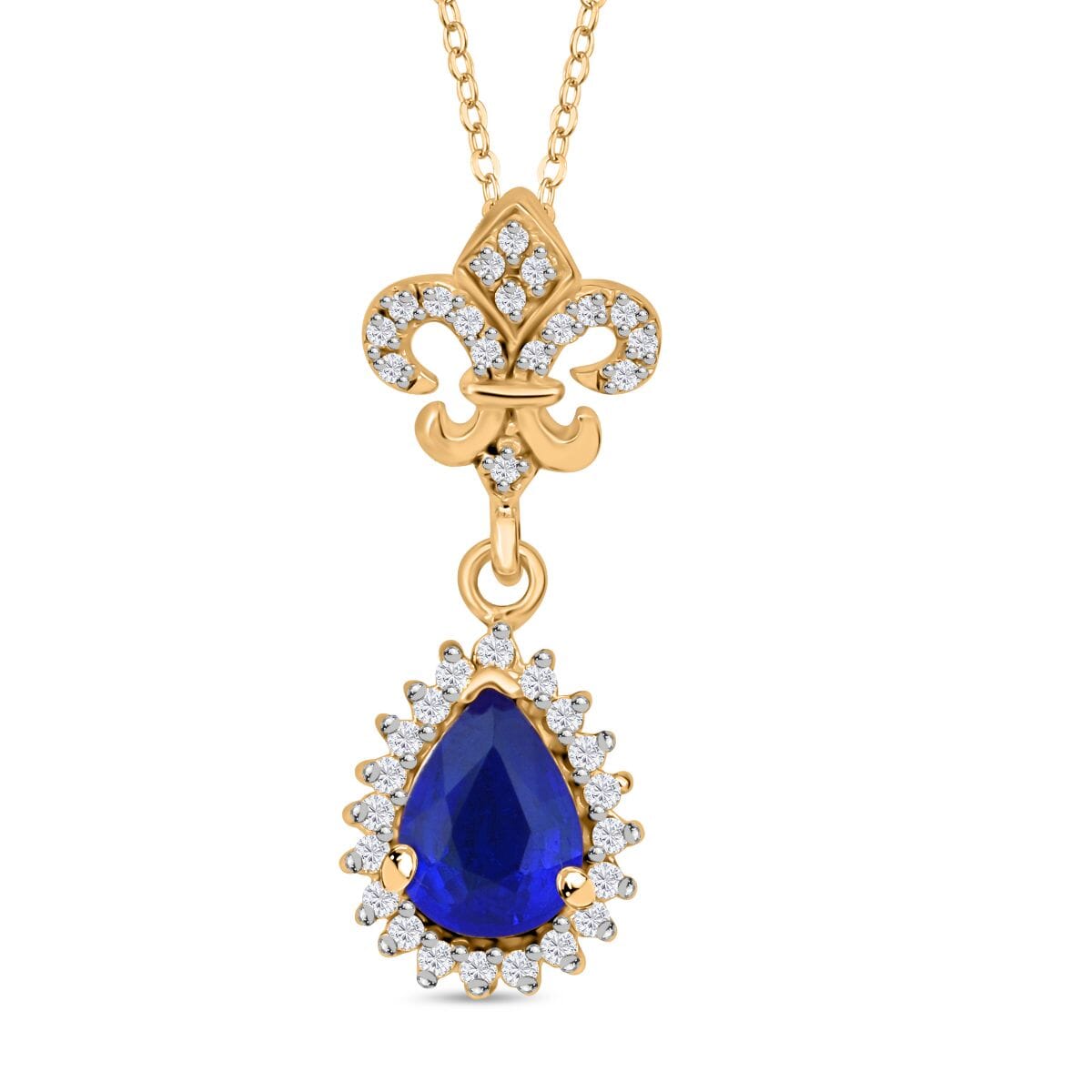 Premium Tanzanian Blue Spinel (DF) and Moissanite 1.30 ctw Fleur De Lis Pendant Necklace in 18K Vermeil Yellow Gold Over Sterling Silver 20 Inches image number 0