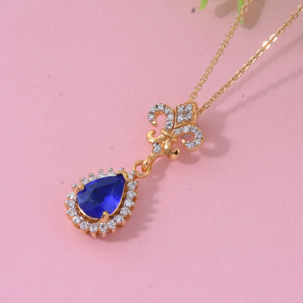 Premium Tanzanian Blue Spinel (DF) and Moissanite 1.30 ctw Fleur De Lis Pendant Necklace in 18K Vermeil Yellow Gold Over Sterling Silver 20 Inches image number 1