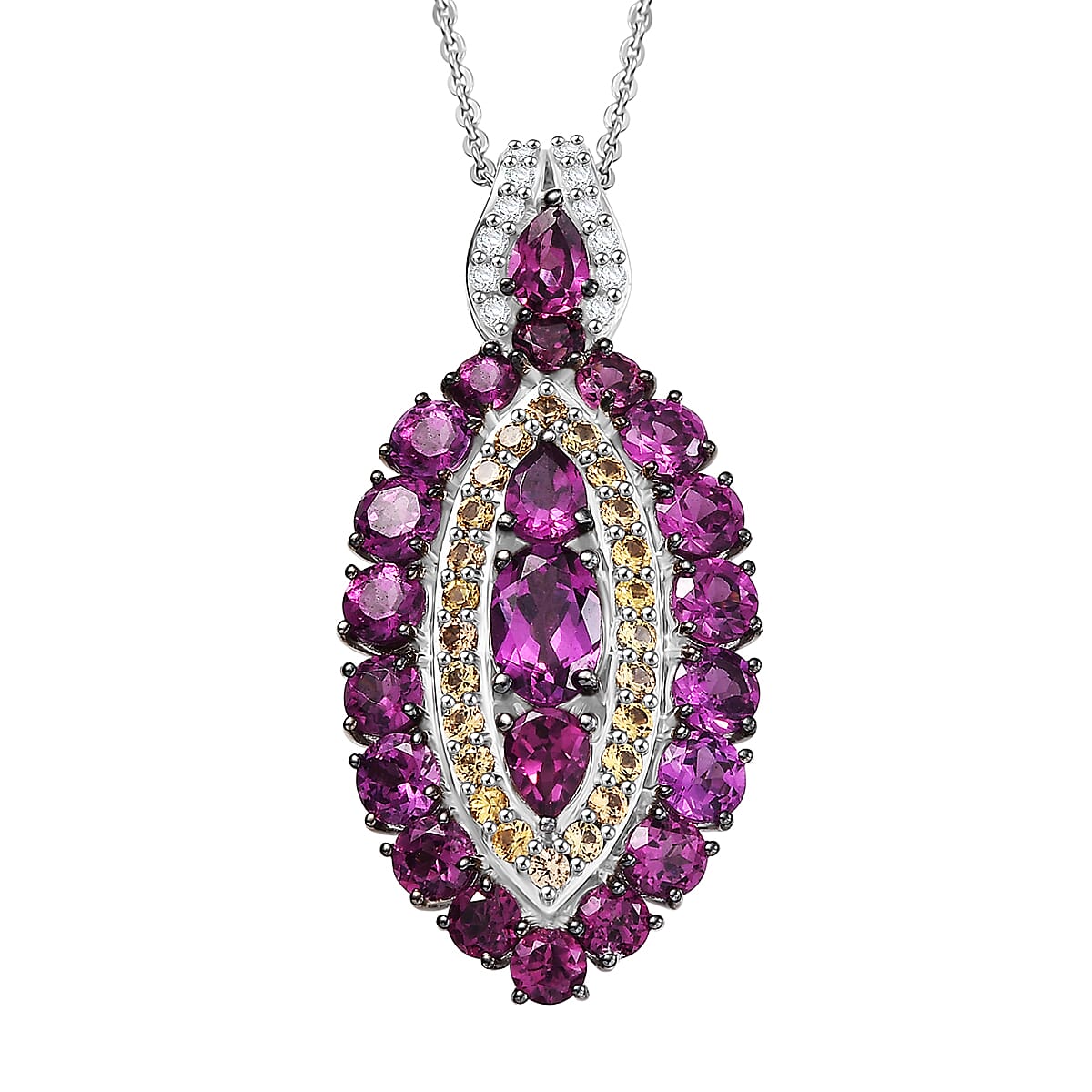 D'Joy Radiant Ember Garnet and Multi Gemstone 4.40 ctw Regal Marquise Crown Pendant Necklace in Rhodium Over Sterling Silver 20 Inches