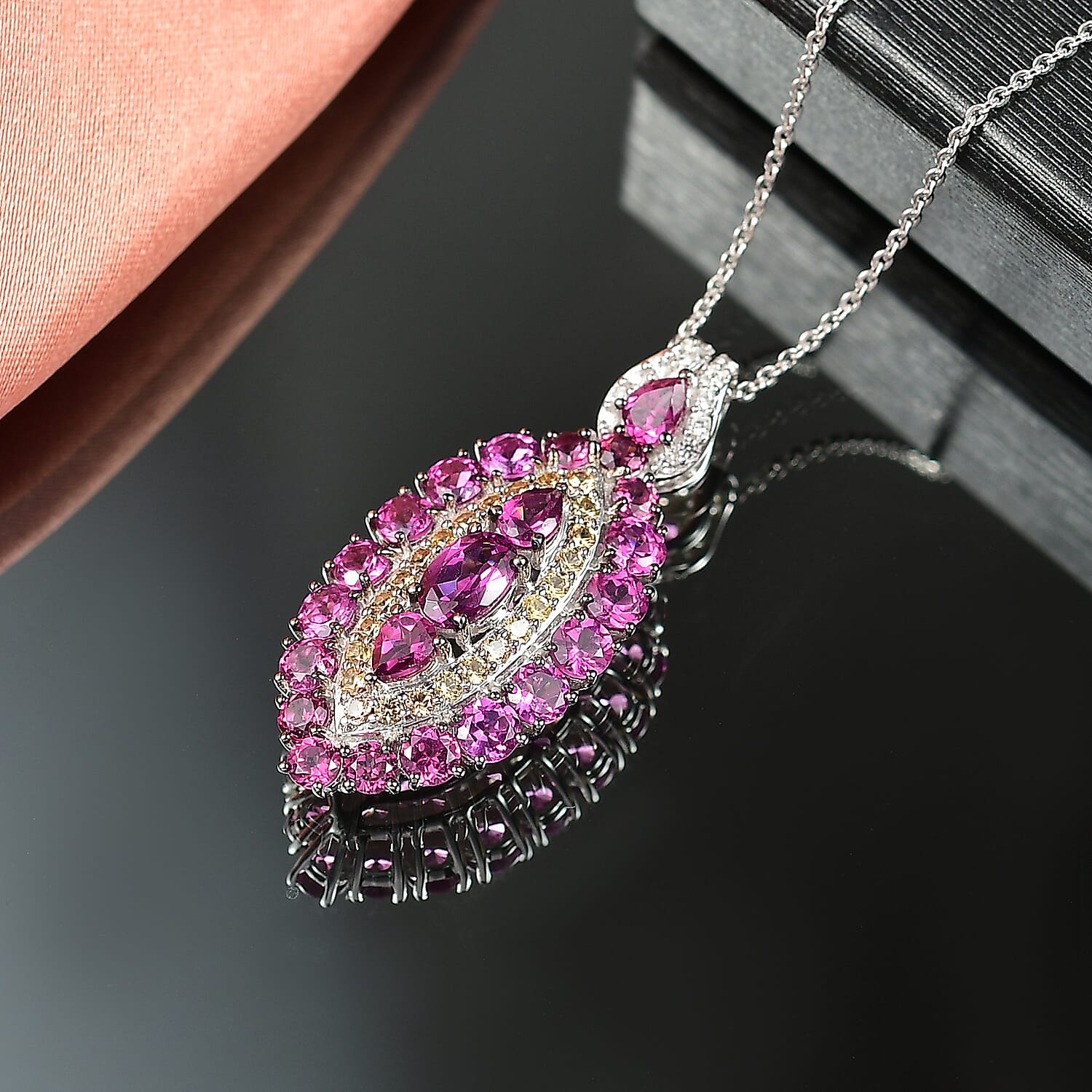 D'Joy Radiant Ember Garnet and Multi Gemstone 4.40 ctw Regal Marquise Crown Pendant Necklace in Rhodium Over Sterling Silver 20 Inches
