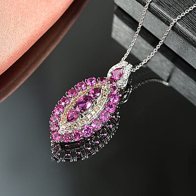 D'Joy Radiant Ember Garnet and Multi Gemstone 4.40 ctw Regal Marquise Crown Pendant Necklace in Rhodium Over Sterling Silver 20 Inches