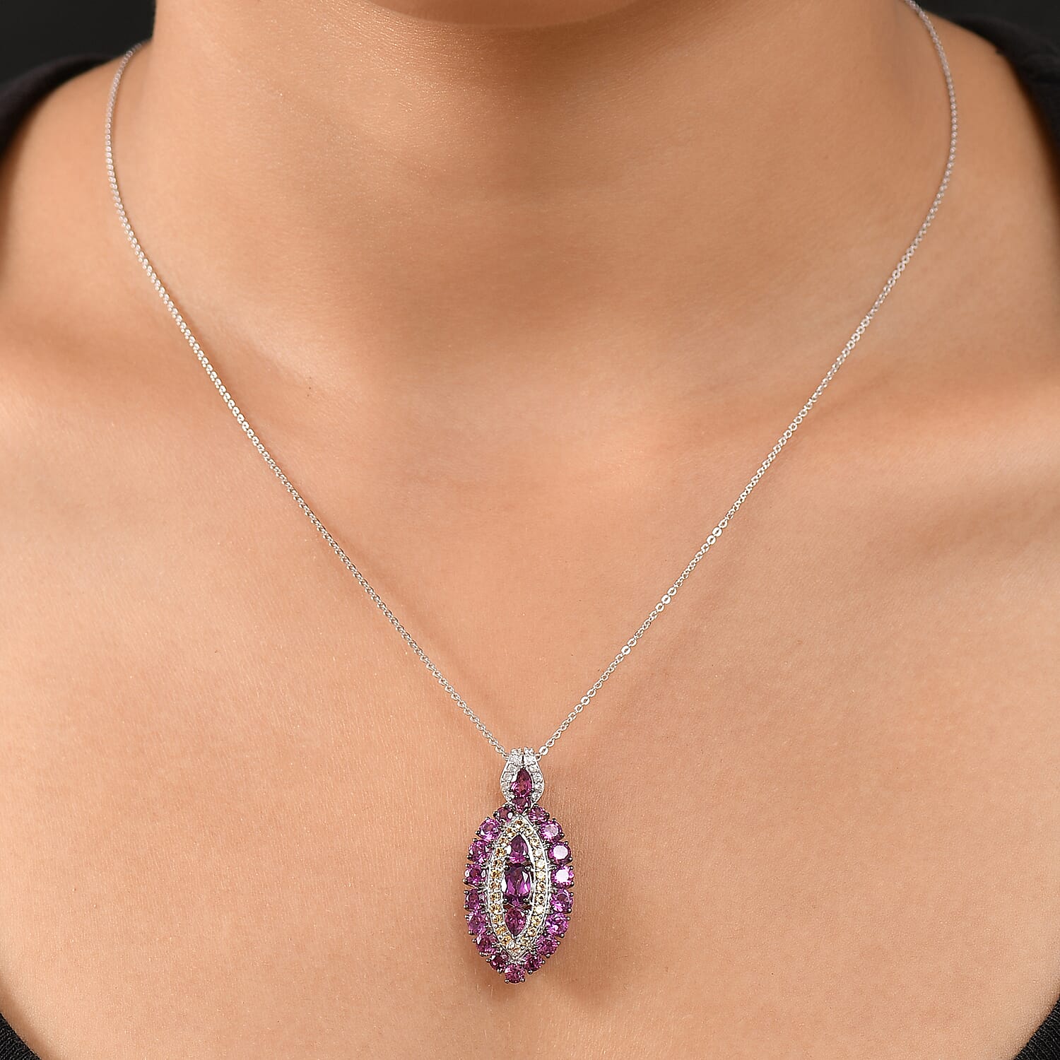 D'Joy Radiant Ember Garnet and Multi Gemstone 4.40 ctw Regal Marquise Crown Pendant Necklace in Rhodium Over Sterling Silver 20 Inches
