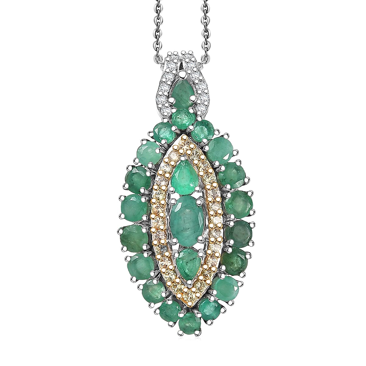 D'Joy Kagem Zambian Emerald and Multi Gemstone 3.60 ctw Regal Marquise Crown Pendant Necklace in Rhodium Over Sterling Silver 20 Inches