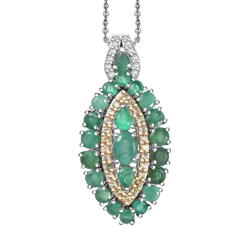 D'Joy Kagem Zambian Emerald and Multi Gemstone 3.60 ctw Regal Marquise Crown Pendant Necklace in Rhodium Over Sterling Silver 20 Inches