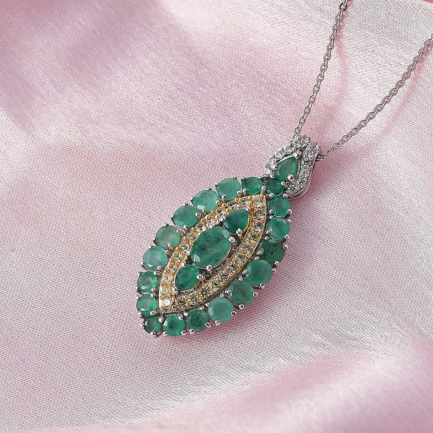 D'Joy Kagem Zambian Emerald and Multi Gemstone 3.60 ctw Regal Marquise Crown Pendant Necklace in Rhodium Over Sterling Silver 20 Inches