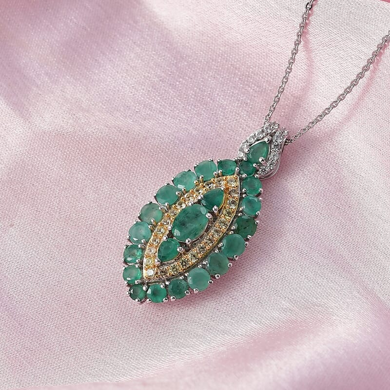D'Joy Kagem Zambian Emerald and Multi Gemstone 3.60 ctw Regal Marquise Crown Pendant Necklace in Rhodium Over Sterling Silver 20 Inches