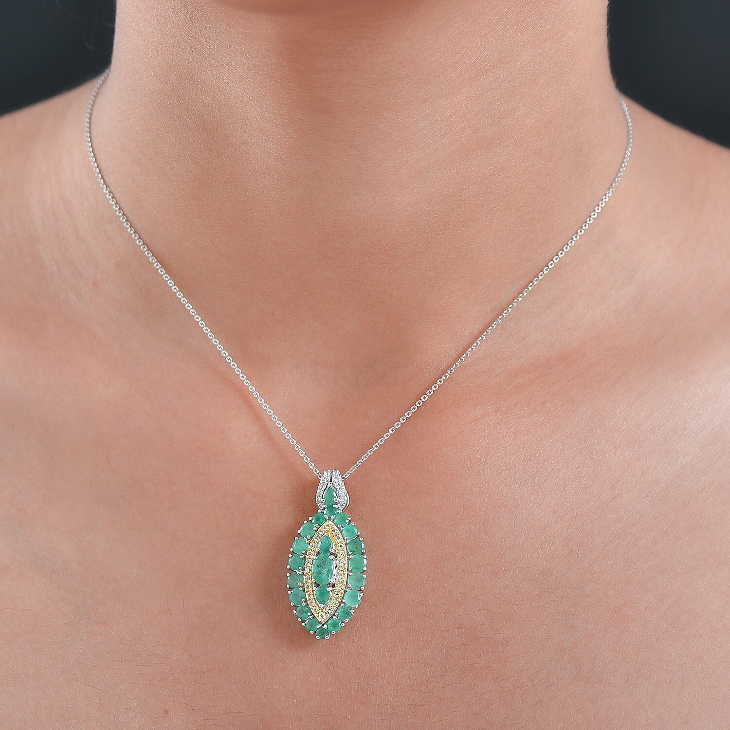 D'Joy Kagem Zambian Emerald and Multi Gemstone 3.60 ctw Regal Marquise Crown Pendant Necklace in Rhodium Over Sterling Silver 20 Inches