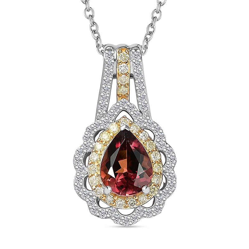 Luxoro AAA Morro Redondo Pink Tourmaline, I2 Natural Yellow and White Diamond 1.40 ctw Blushfire Pendant Necklace in 10K White Gold 18 Inches