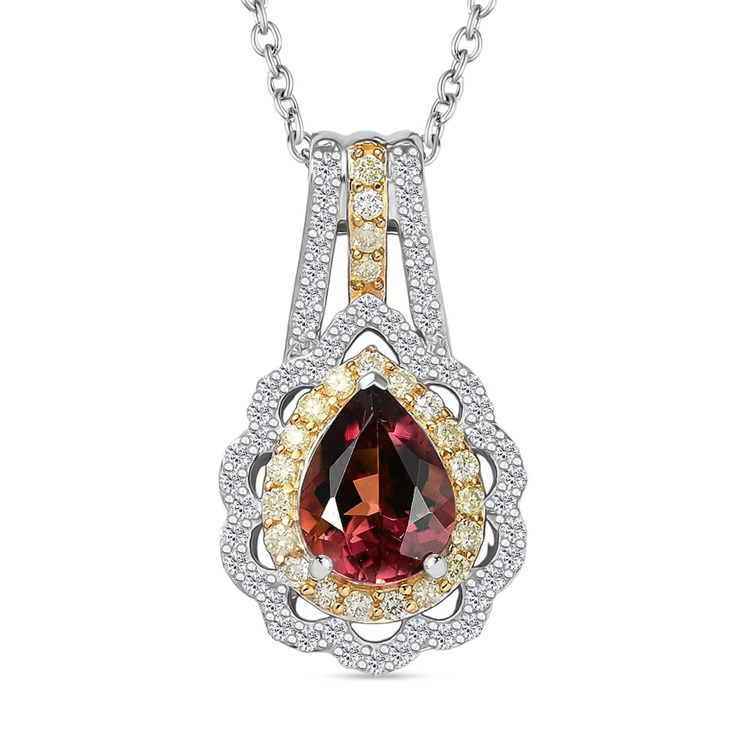 Luxoro AAA Morro Redondo Pink Tourmaline, I2 Natural Yellow and White Diamond 1.40 ctw Blushfire Pendant Necklace in 10K White G