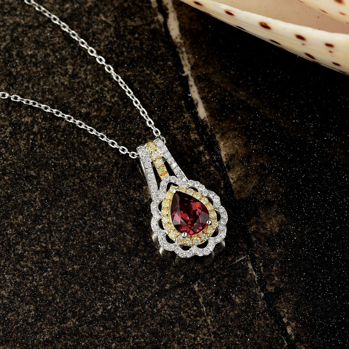 Luxoro AAA Morro Redondo Pink Tourmaline, I2 Natural Yellow and White Diamond 1.40 ctw Blushfire Pendant Necklace in 10K White Gold 18 Inches image number 1