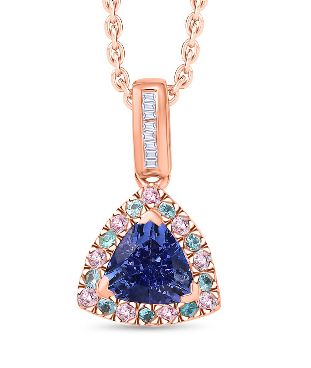 Luxoro Premium Tanzanite, Paraiba Tourmaline, Natural Pink and White Diamond I2 1.00 ctw Atlantis Crown Pendant Necklace in 10K Rose Gold 20 Inches image number 0