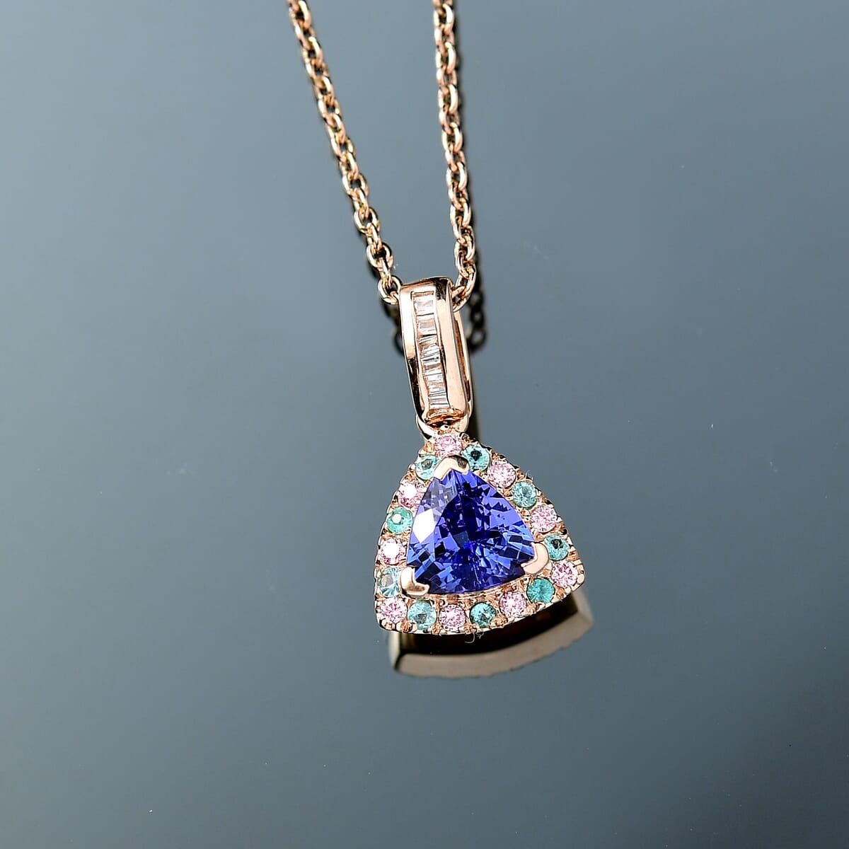 Luxoro Premium Tanzanite, Paraiba Tourmaline, Natural Pink and White Diamond I2 1.00 ctw Atlantis Crown Pendant Necklace in 10K Rose Gold 20 Inches image number 1