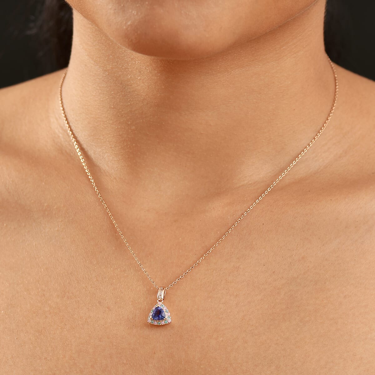 Luxoro Premium Tanzanite, Paraiba Tourmaline, Natural Pink and White Diamond I2 1.00 ctw Atlantis Crown Pendant Necklace in 10K Rose Gold 20 Inches image number 2