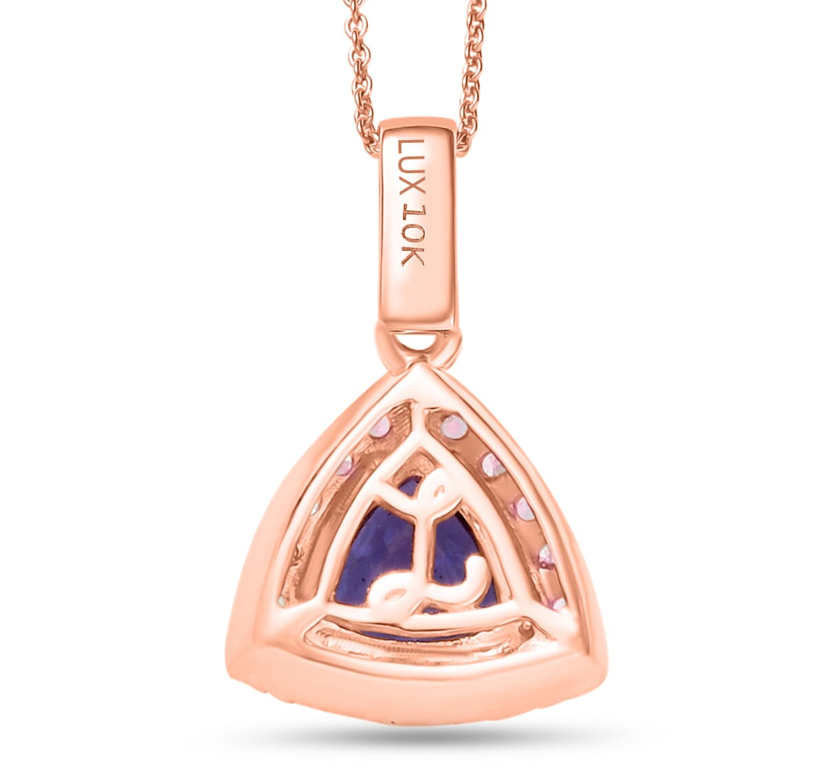 Luxoro Premium Tanzanite, Paraiba Tourmaline, Natural Pink and White Diamond I2 1.00 ctw Atlantis Crown Pendant Necklace in 10K Rose Gold 20 Inches image number 4
